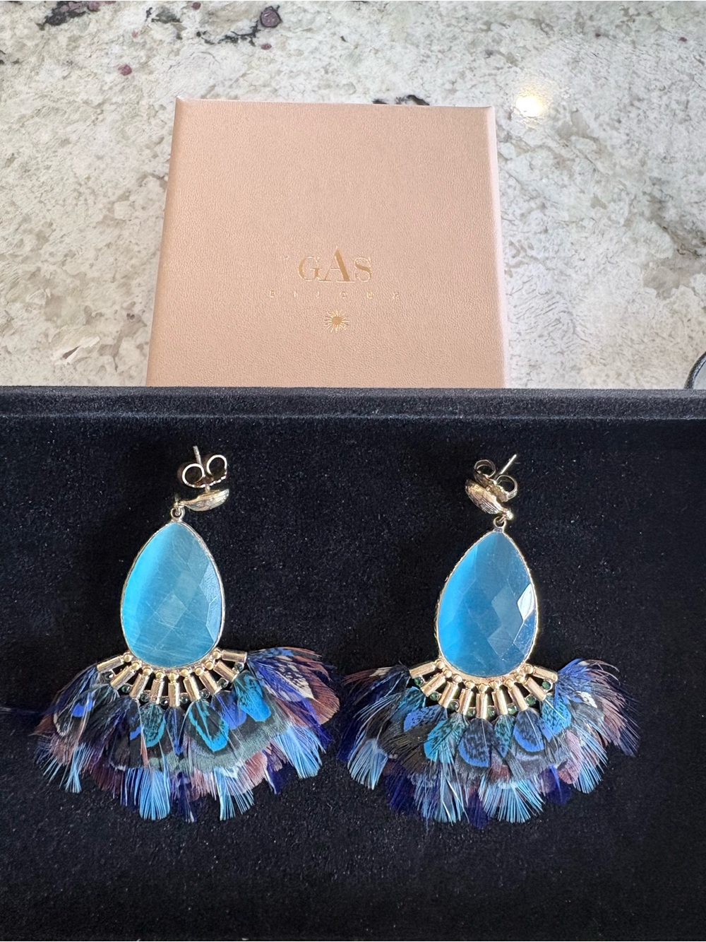 GAS BIJOUX Peacock Blue Teardrop Feather Earrings STUNNING!  Worn once!